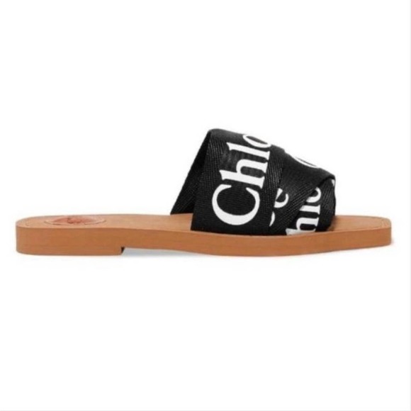 Chloe Woody logo printed canvas straps slides sandals - Picture 1 of 6